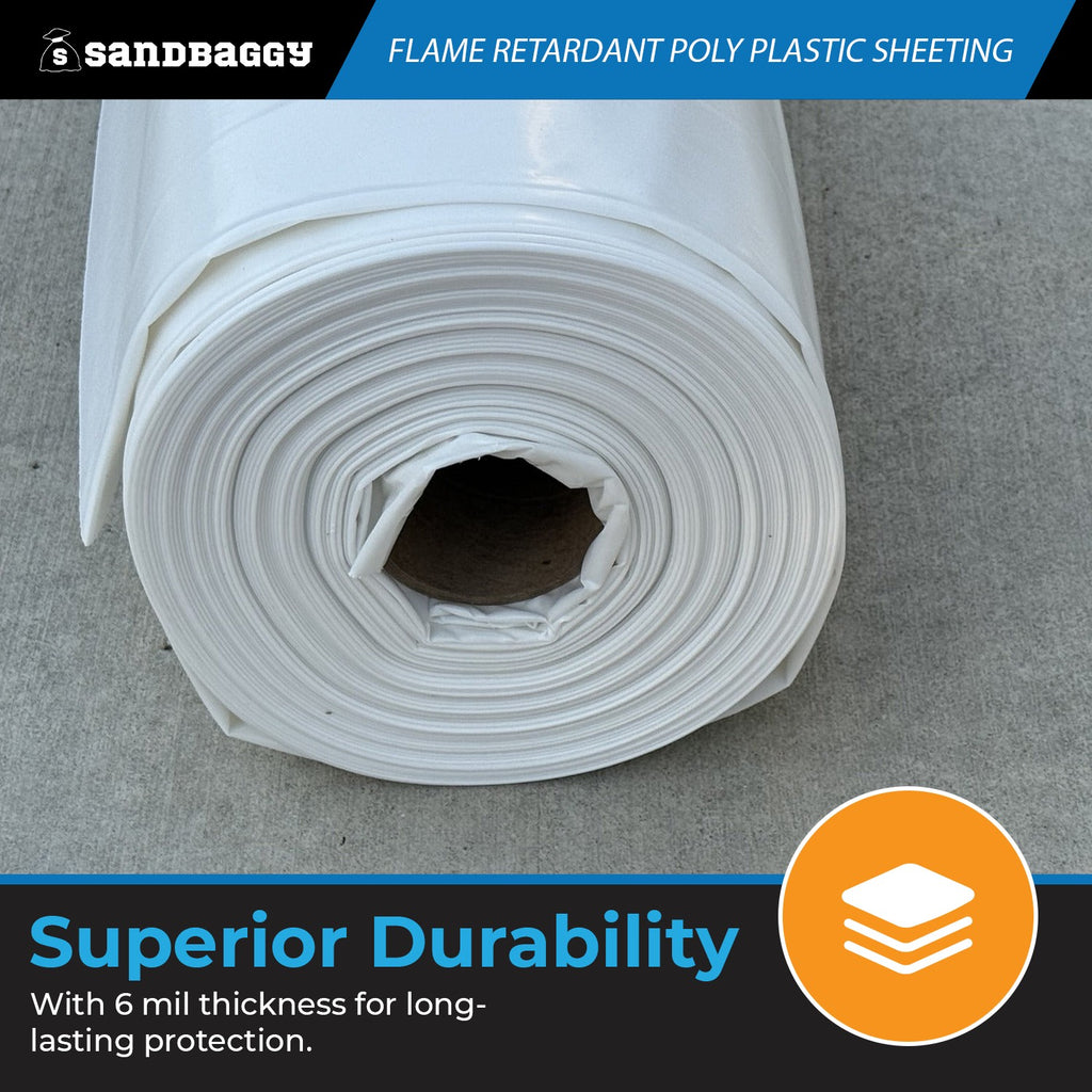 Flame Retardant Poly Plastic Sheeting 6 Mil – 20 ft x 100 ft, White | USA Made