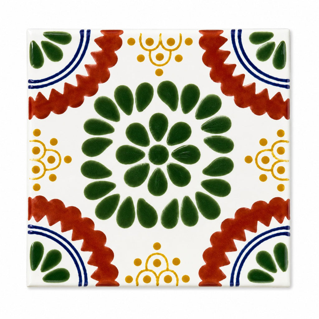 Floral Medallion Green Rosette Talavera Tile 4.25” x 4.25” | Handmade Puebla Mexican Tile