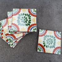 Floral Medallion Green Rosette Talavera Tile 4.25” x 4.25” | Handmade Puebla Mexican Tile