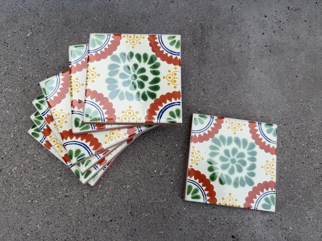 Floral Medallion Green Rosette Talavera Tile 4.25” x 4.25” | Handmade Puebla Mexican Tile