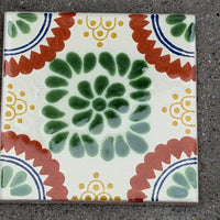 Floral Medallion Green Rosette Talavera Tile 4.25” x 4.25” | Handmade Puebla Mexican Tile