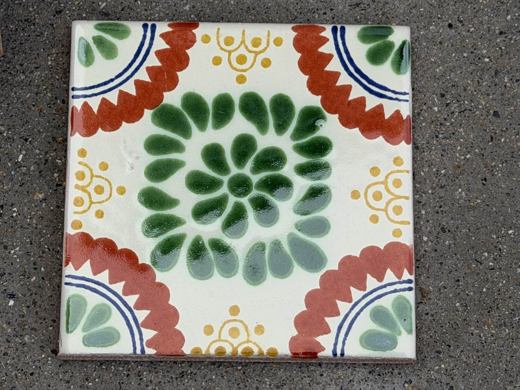 Floral Medallion Green Rosette Talavera Tile 4.25” x 4.25” | Handmade Puebla Mexican Tile