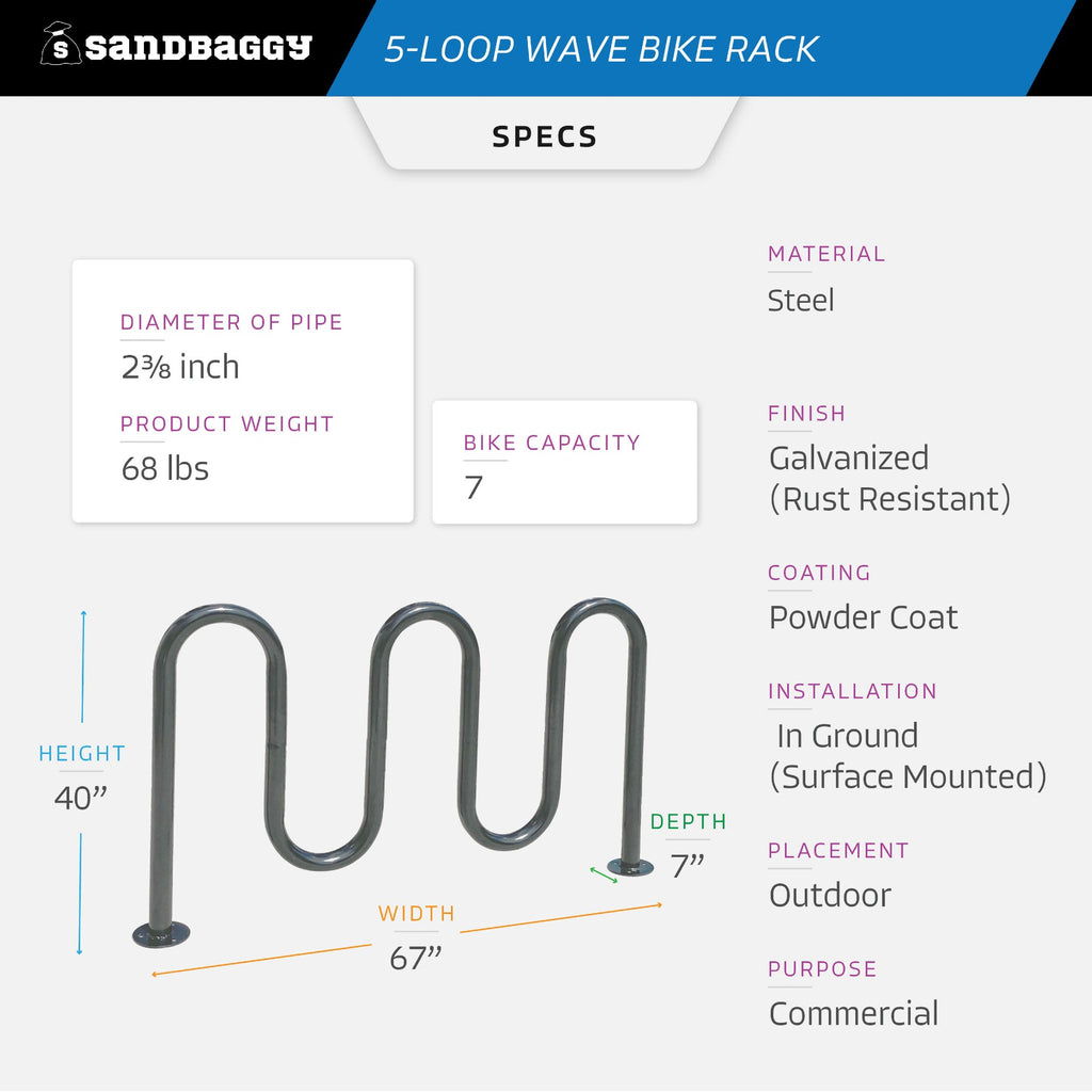 Commercial 5-Loop Wave Bike Rack - 7 Bike Capacity
