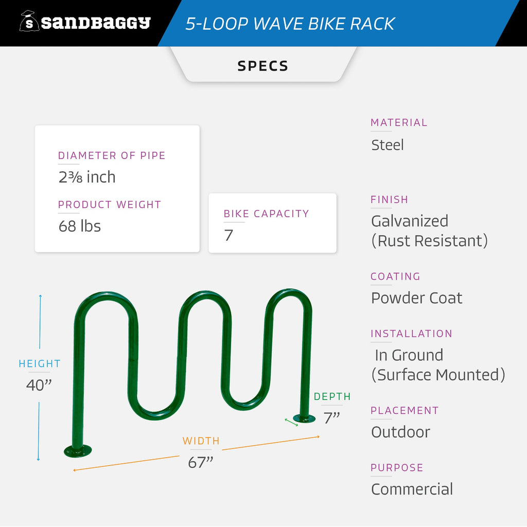 Commercial 5-Loop Wave Bike Rack - 7 Bike Capacity