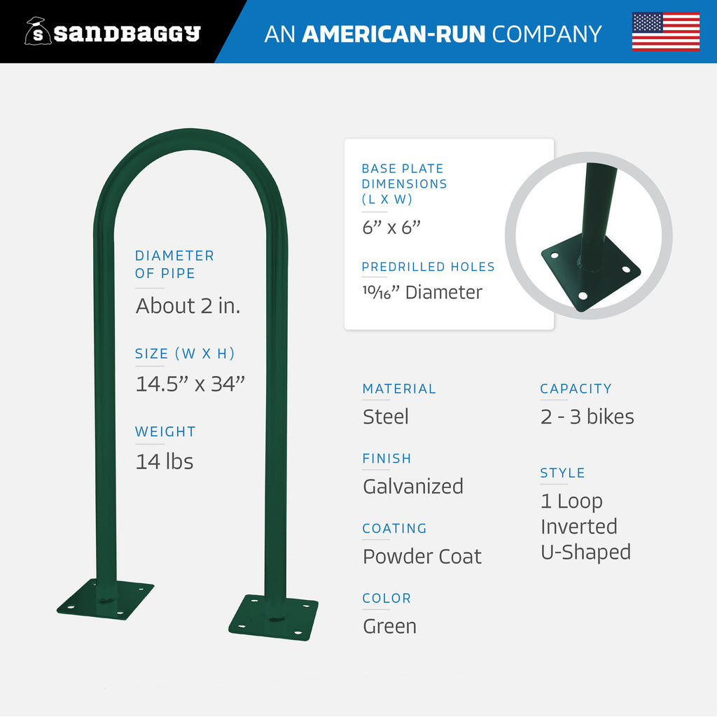 green outdoor u shaped bike rack