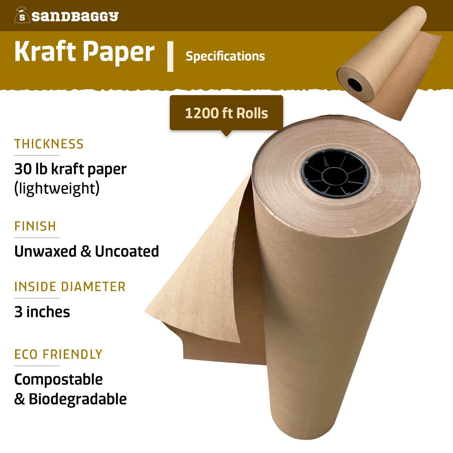 60 inch Lightweight Kraft Paper Rolls - 30 lb. Recycled Paper