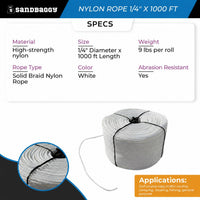 Solid Braid Nylon Rope 1/4" x 1000 ft White | Golf Course Rope & Outdoor Use