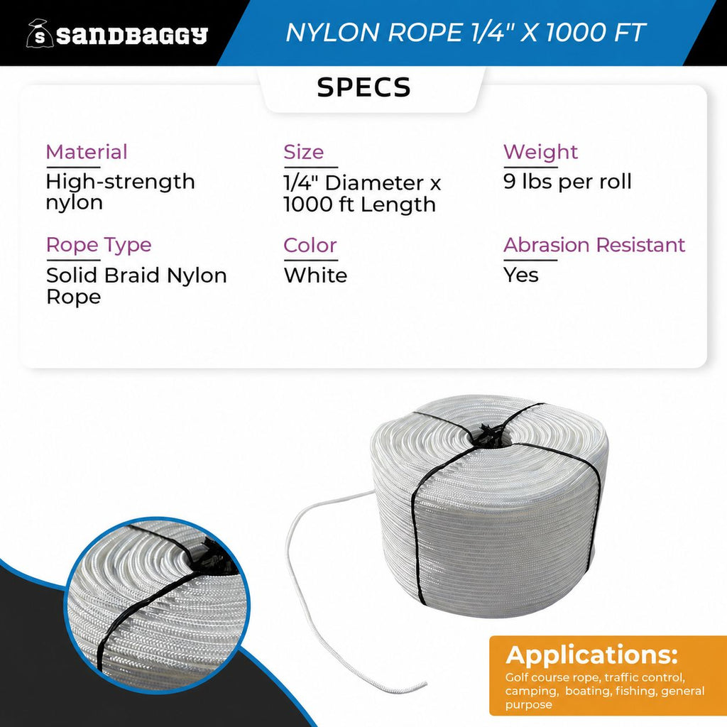Solid Braid Nylon Rope 1/4" x 1000 ft White | Golf Course Rope & Outdoor Use