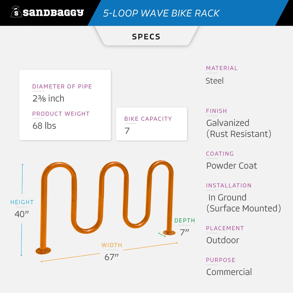 Commercial 5-Loop Wave Bike Rack - 7 Bike Capacity