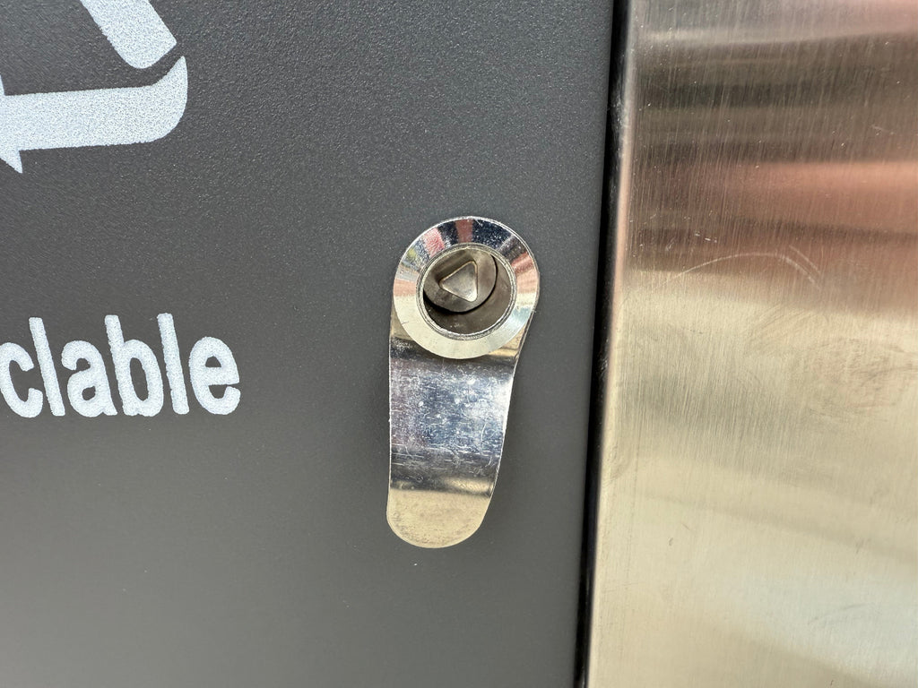Close up of locking feature for multipurpose trash can
