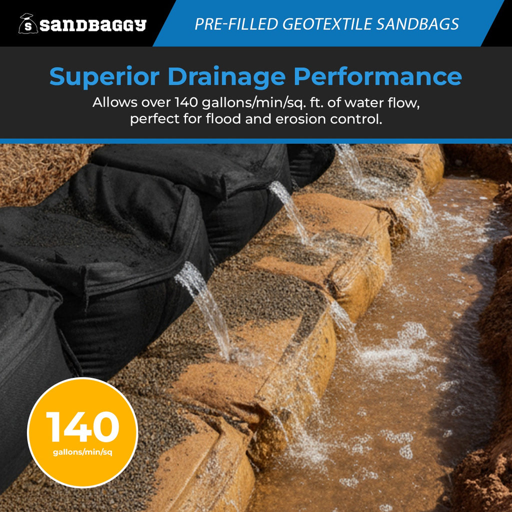 Pre-Filled Non Woven Geotextile Sandbags for Flooding - 14”  x 26”, 30 lb Bags by Pallet