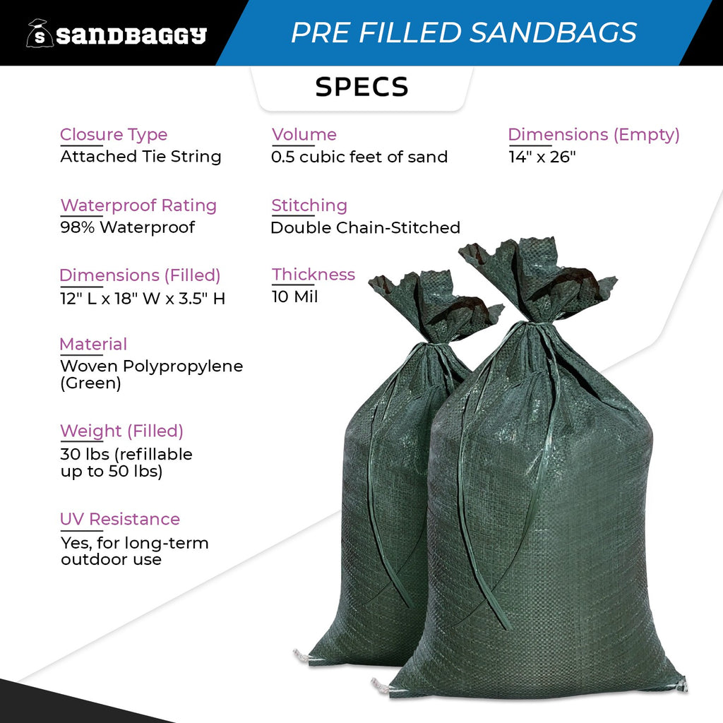 Pre Filled Sandbags For Flooding (30 lbs each) - 14” x 26” - Woven Polypropylene