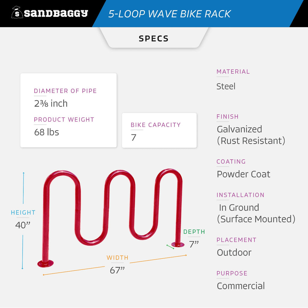 Commercial 5-Loop Wave Bike Rack - 7 Bike Capacity