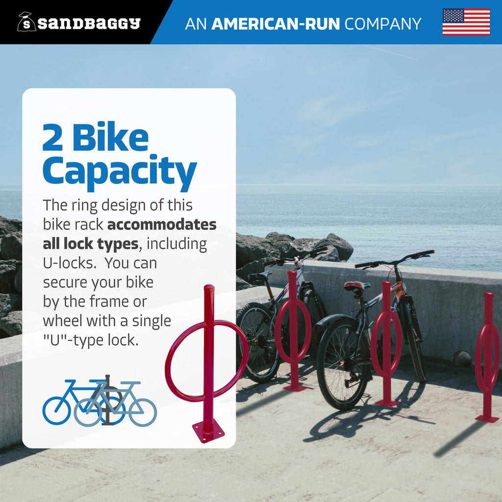 Red Commercial Post and Ring Bike Rack - Surface Mount (2 Bike Capacity)