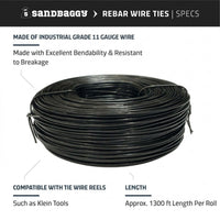 Heavy Duty Rebar Tie Wire Roll, 11 Gauge | Black Annealed, Steel, Approx. 1300 ft  | 50 lbs (USA Made)