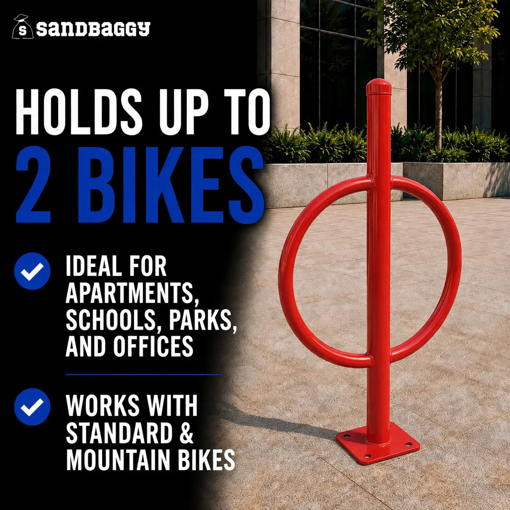 commercial post and ring bike rack - red - 2 bike cap