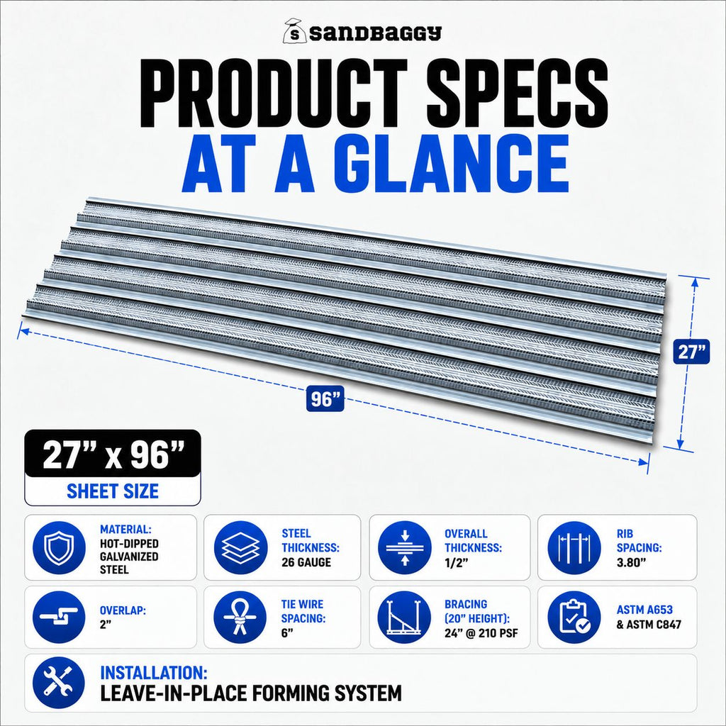 27" x 96" Metal Rib Stay Form Sheets – Galvanized Concrete Forming Sheets