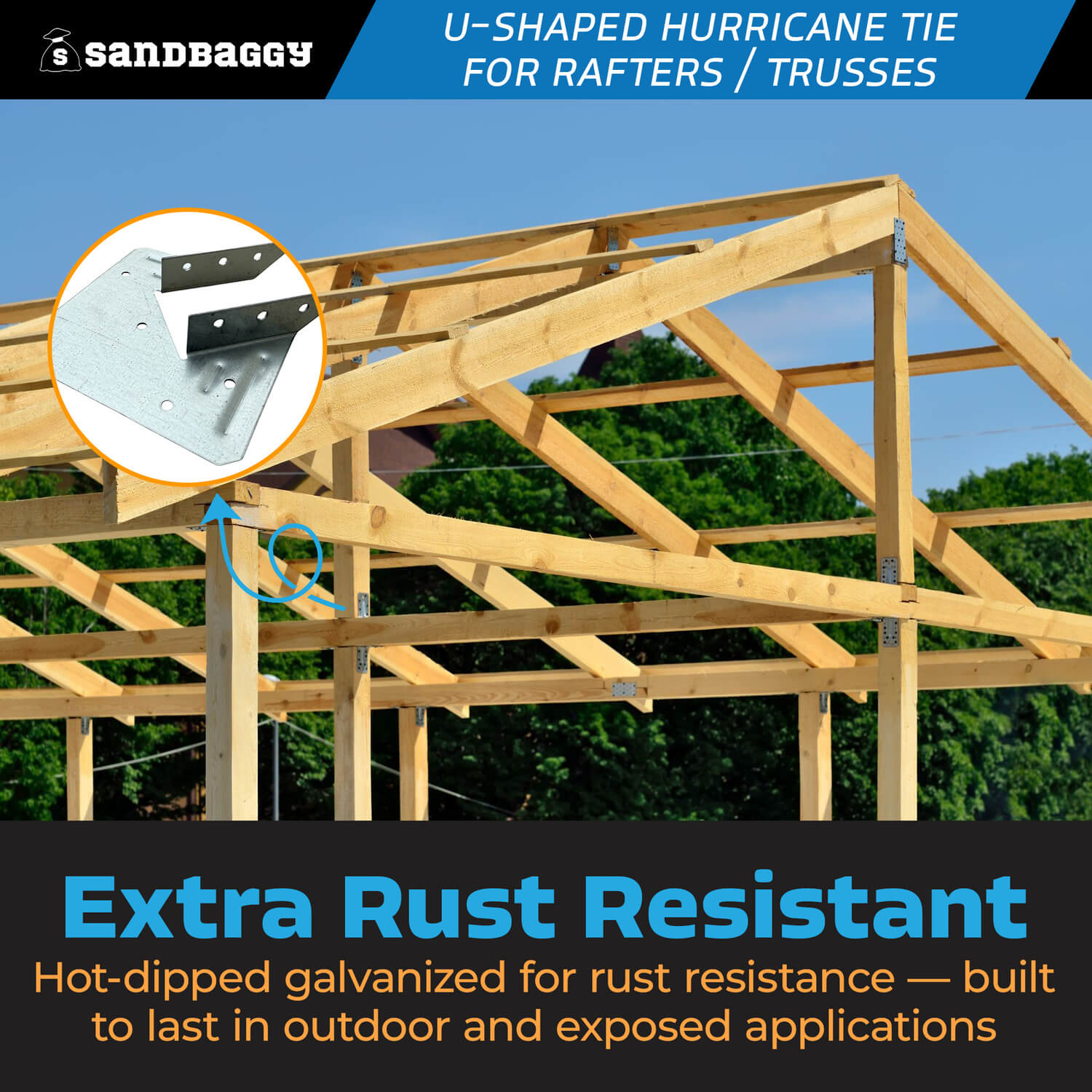 U-Shaped Hurricane Tie for Rafters, Trusses, & Decks – Sandbaggy
