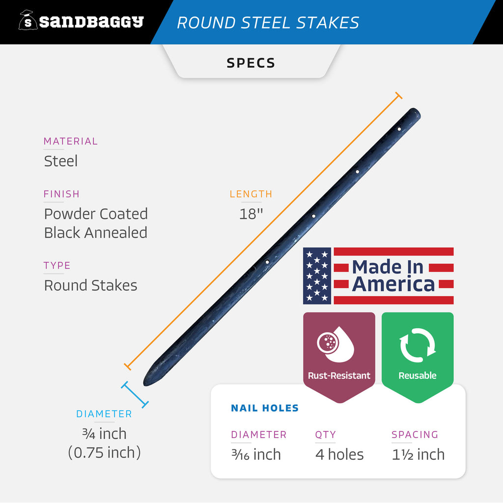 18" Round Steel Concrete Form Stakes with Nail Holes - USA Made