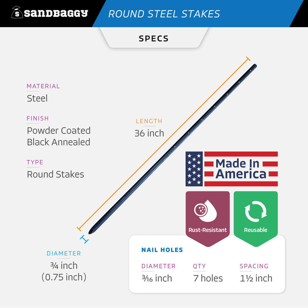 36" Round Steel Concrete Form Stakes with Nail Holes - USA Made
