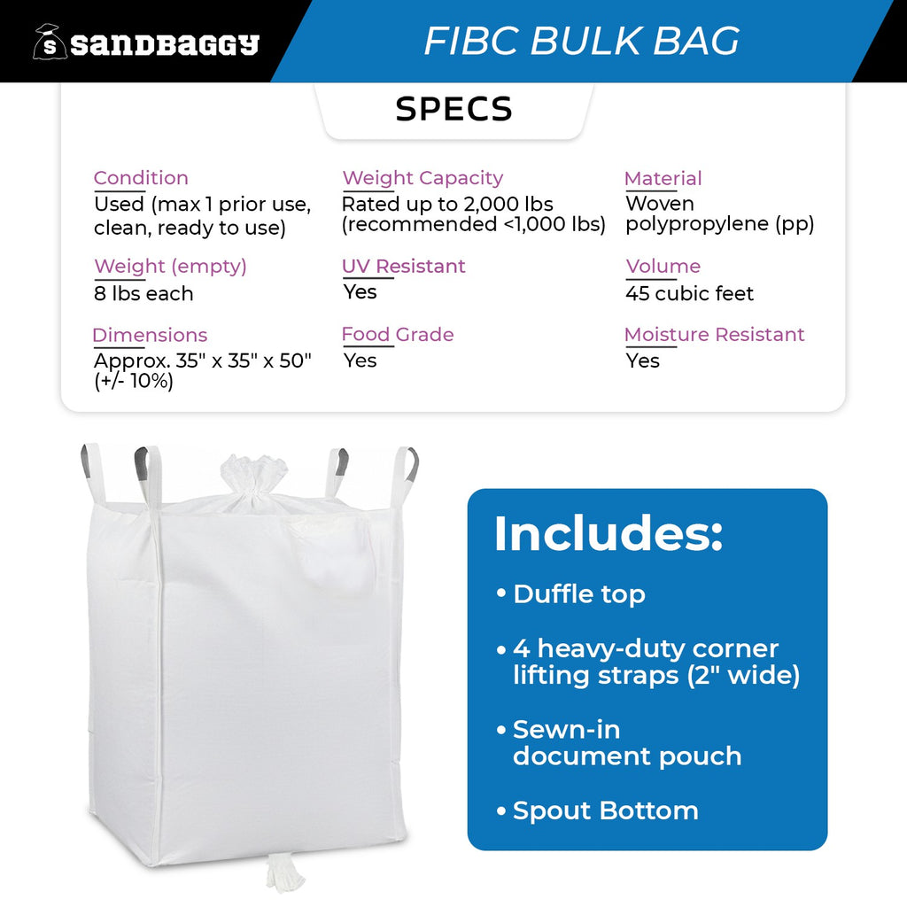 Used FIBC Bulk Bag for Sale – Duffle Top, Spout Bottom – 2000 lb Cap., Food Grade – 35" x 35" x 50" (45 cu ft)