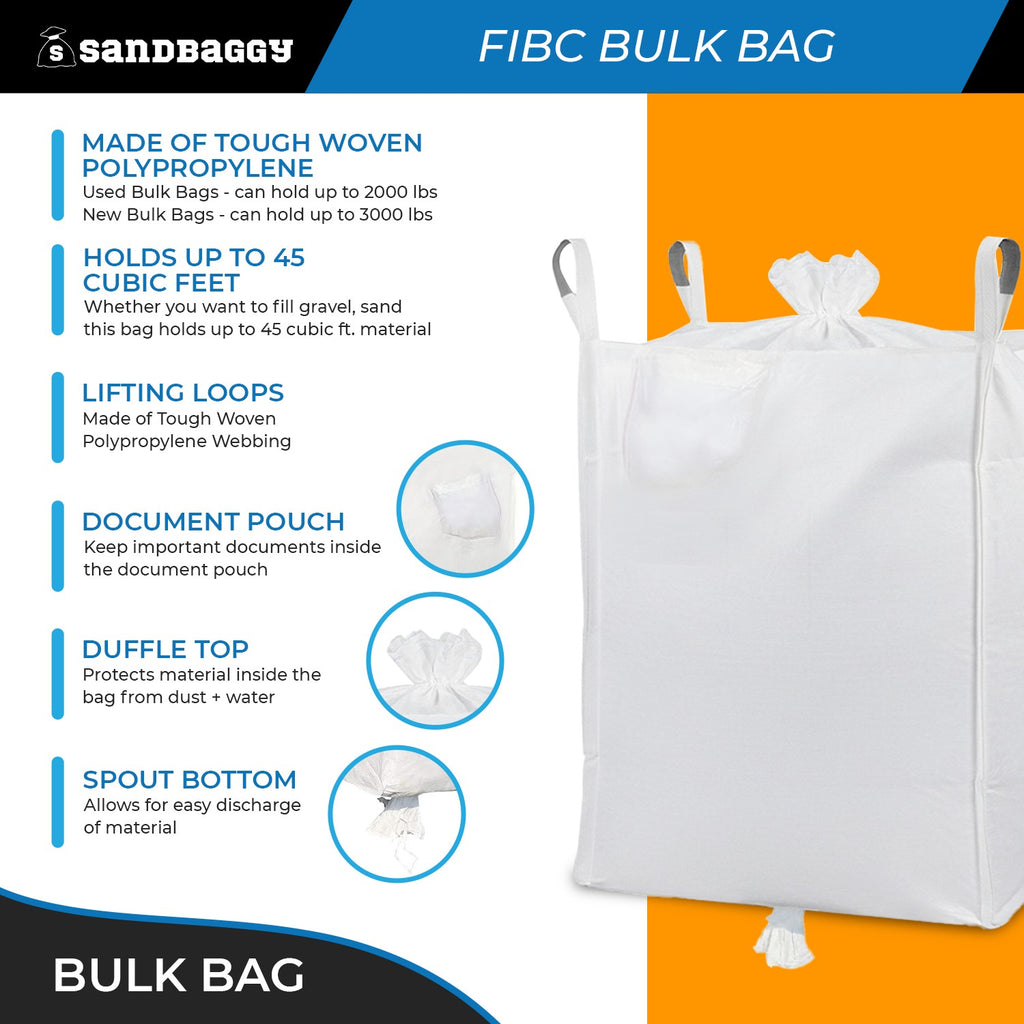 Used FIBC Bulk Bag for Sale – Duffle Top, Spout Bottom – 2000 lb Cap., Food Grade – 35" x 35" x 50" (45 cu ft)