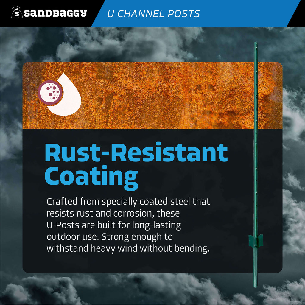 4 ft U Channel Posts for Fences & Signs - Studded Steel, Green