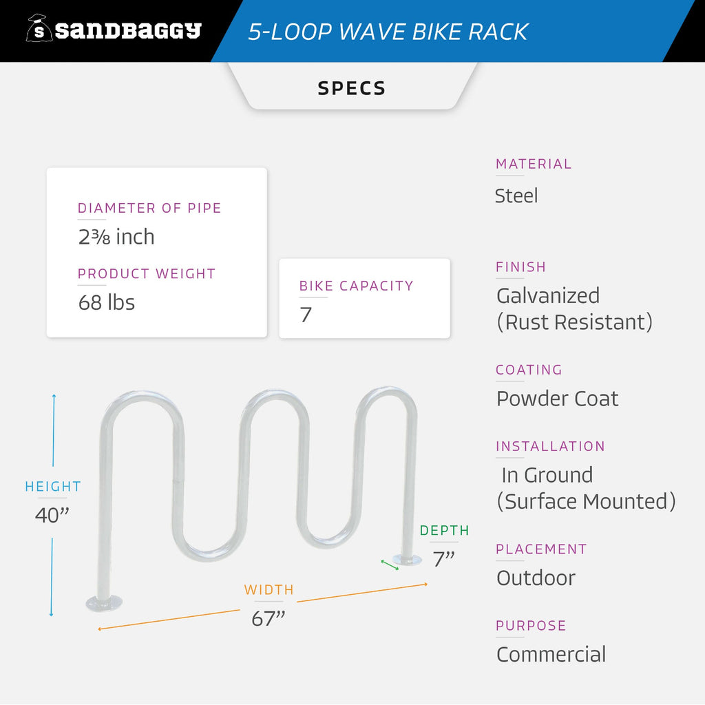 Commercial 5-Loop Wave Bike Rack - 7 Bike Capacity