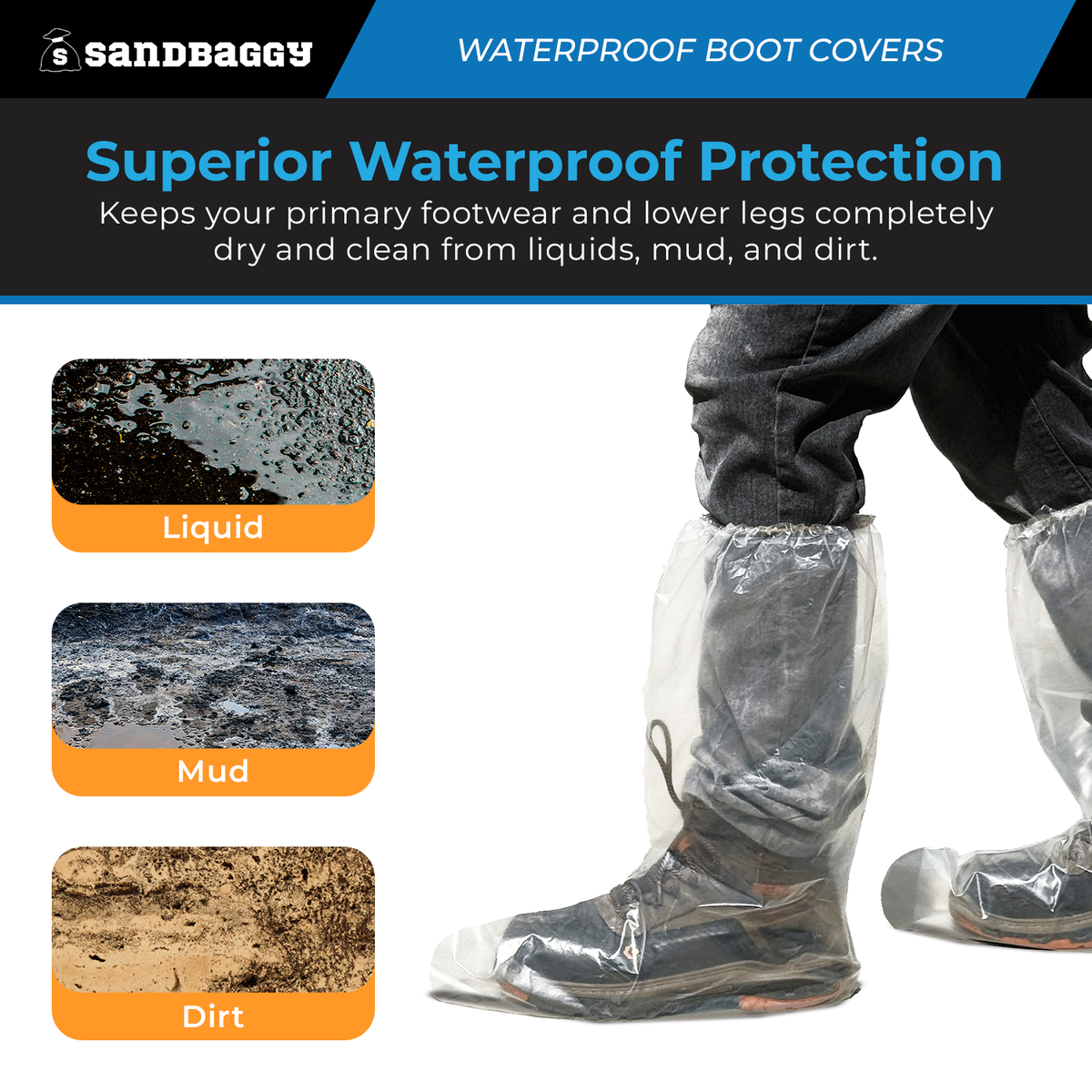 Boot Cover Sample Sandbaggy Tall Waterproof Boot Covers | 3 Mil Disposable PE