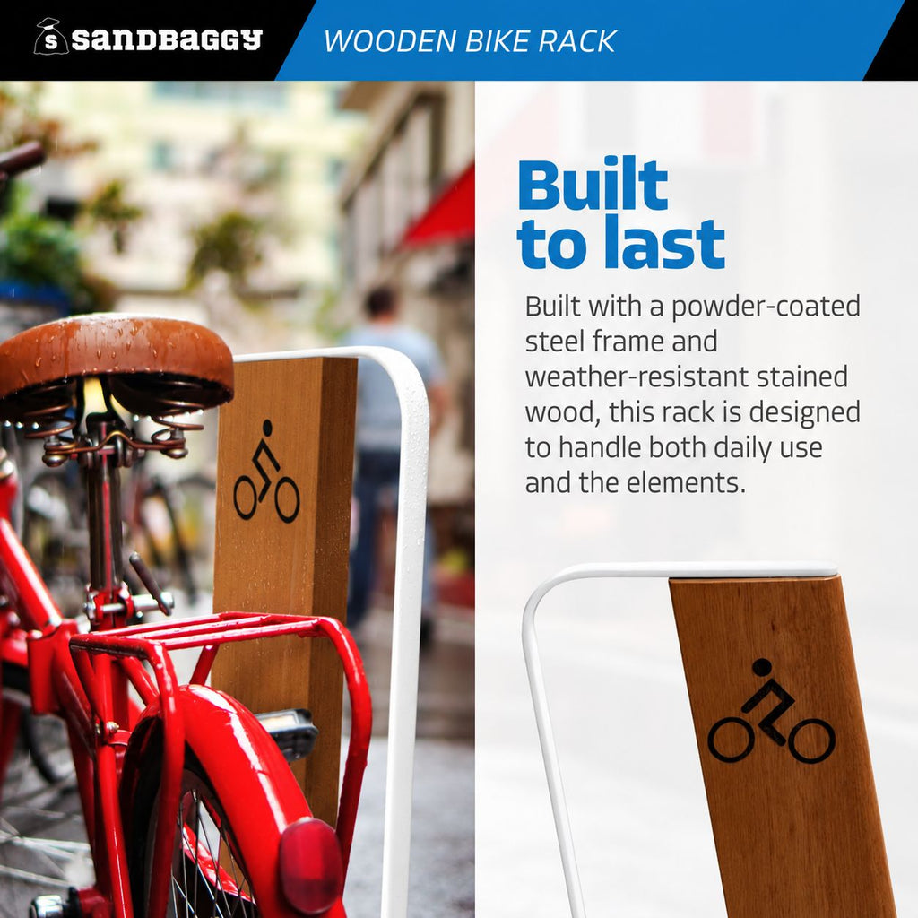 White Steel Modern Commercial Wood Bike Rack - Surface Mount - 2 Capacity