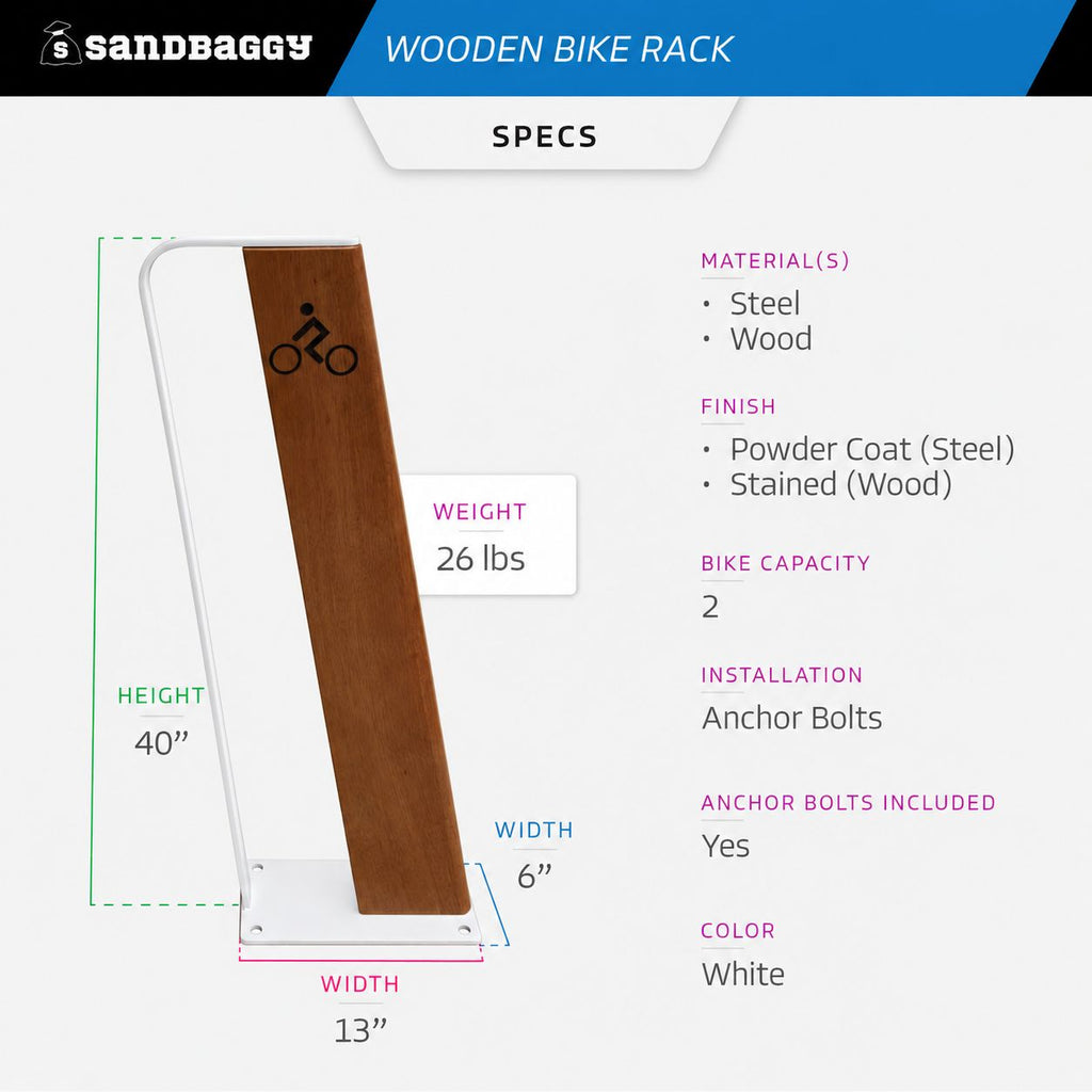 White Steel Modern Commercial Wood Bike Rack - Surface Mount - 2 Capacity