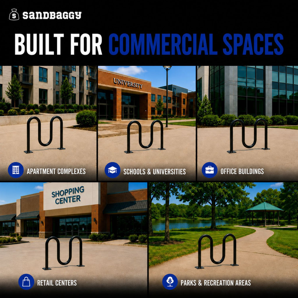 Black Dual Loop Bike Rack - Great for Commercial Spaces - apartments, schools, parks, retail centers, office buildings.