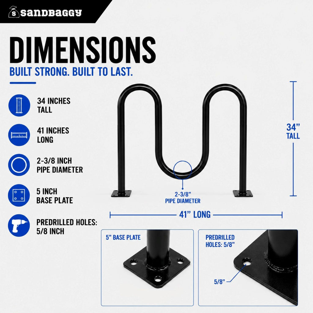 Black Dual Loop Bike Rack - 5 capacity. Dimensions and Specs