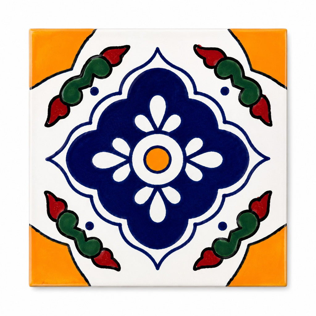 Floral Medallion Quatrefoil Talavera Tile 4.25” x 4.25” | Handmade Puebla Mexican Tile