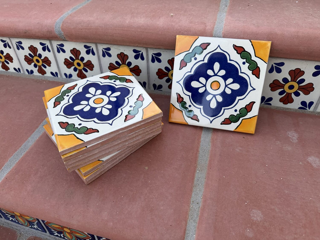 Floral Medallion Quatrefoil Talavera Tile 4.25” x 4.25” | Handmade Puebla Mexican Tile