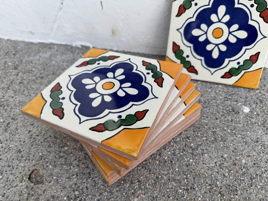 Floral Medallion Quatrefoil Talavera Tile 4.25” x 4.25” | Handmade Puebla Mexican Tile