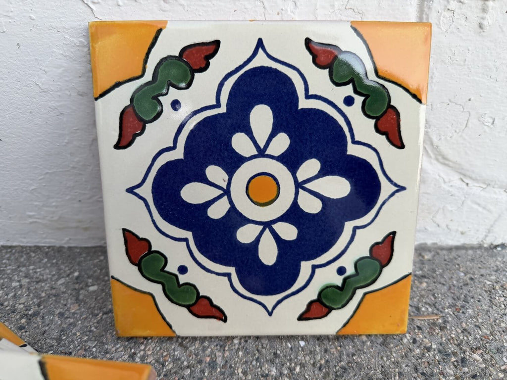 Floral Medallion Quatrefoil Talavera Tile 4.25” x 4.25” | Handmade Puebla Mexican Tile