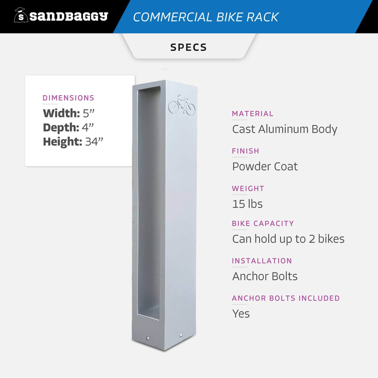 Modern Commercial Bike Rack: Aluminum Cast - Sandbaggy