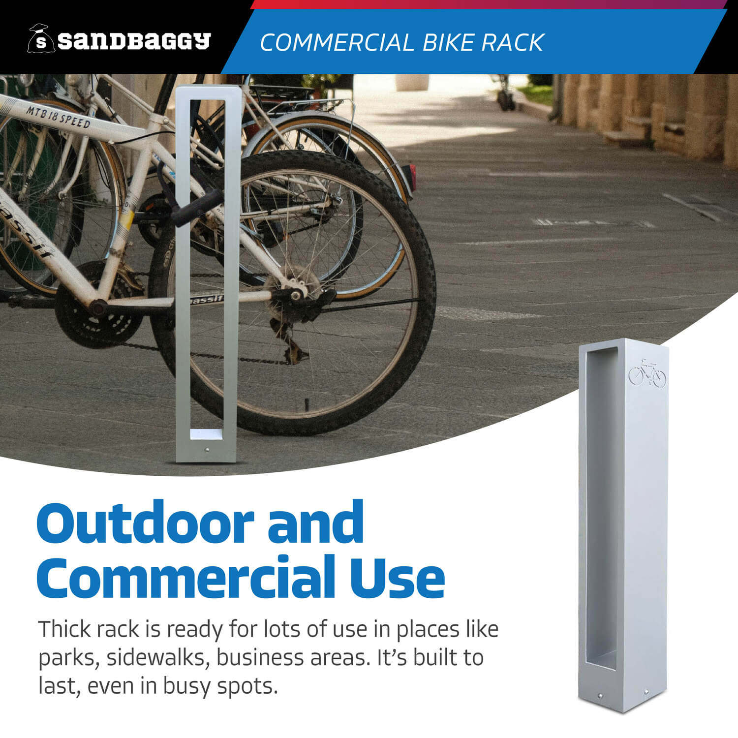 Modern Aluminum Commercial Bike Rack w/ Custom Printed Logo – Sandbaggy