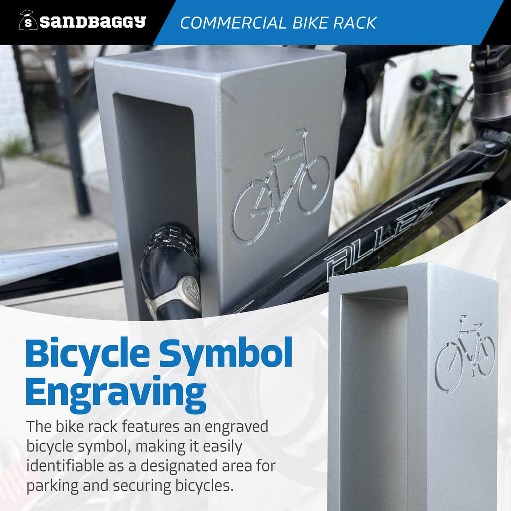 rectangle modern commercial bike rack - bike symbol engraved