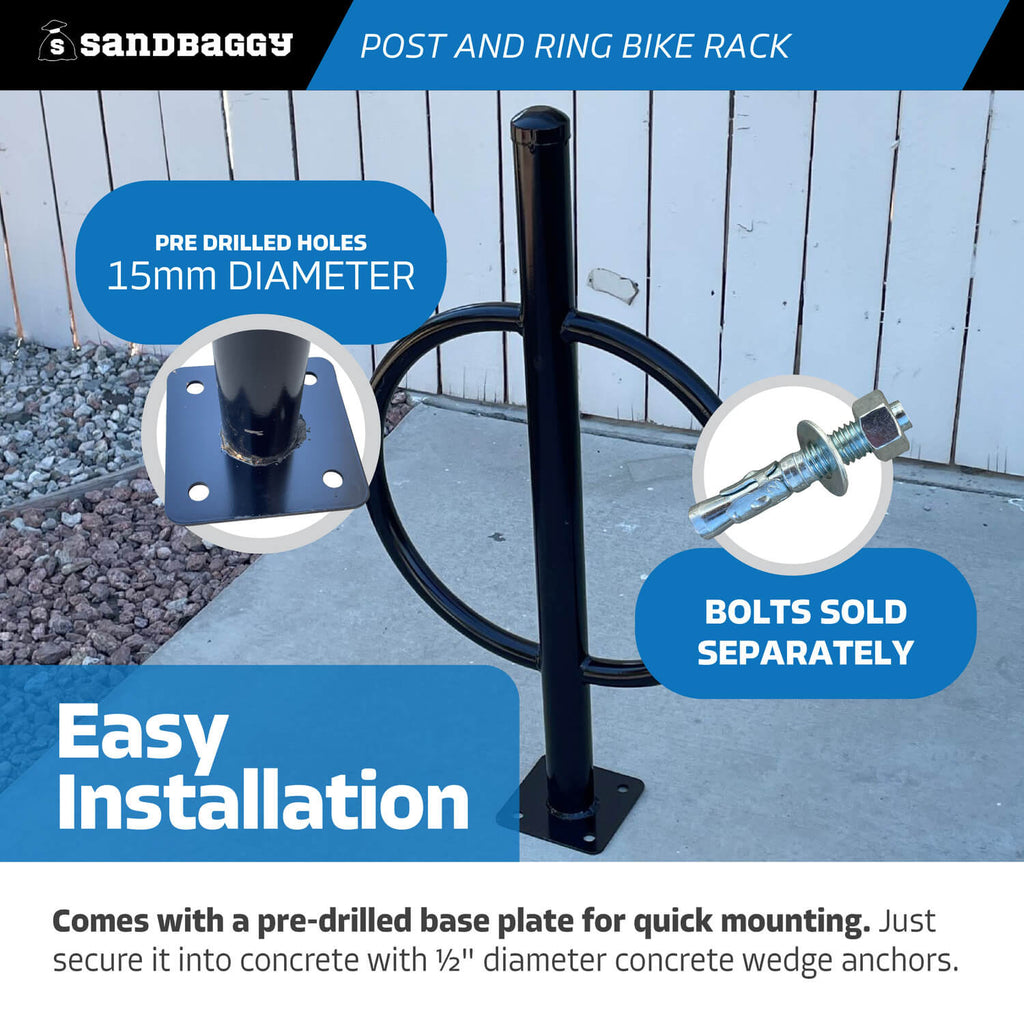 commercial post and ring bike rack - pre drilled base plate for concrete surface installation