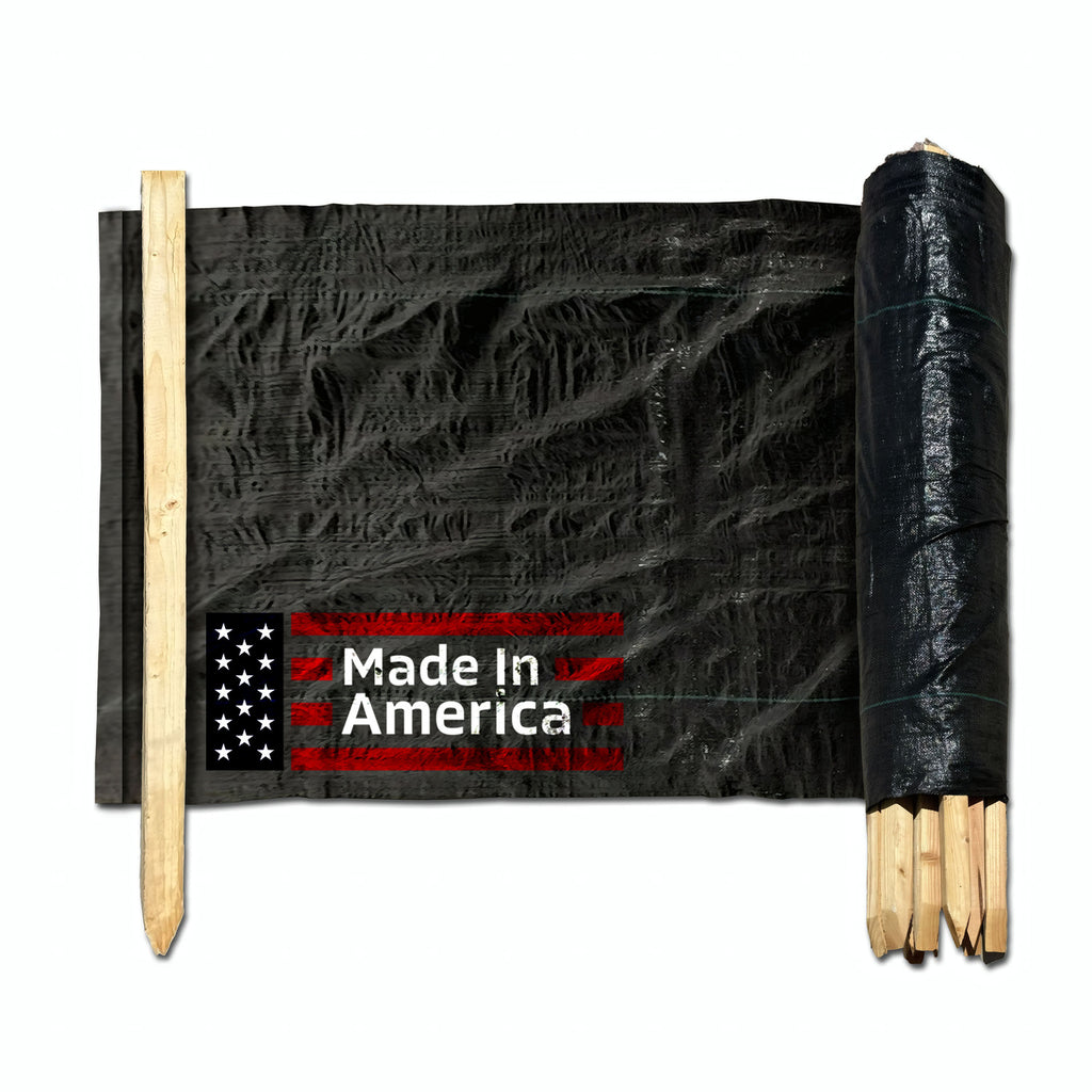 3 ft x 100 ft Silt Fence With Wooden Stakes (4 ft) - Sediment and Erosion Control (Orange / Black) - Made in USA