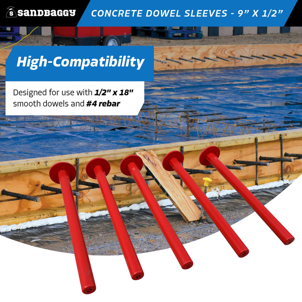 9" x 1/2" concrete dowel sleeves - #4 rebar, 1/2" x 18" smooth dowels