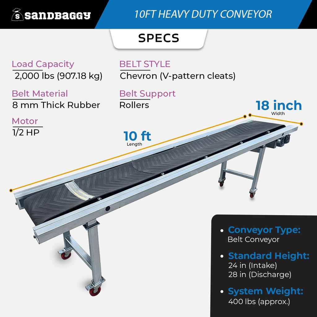 18" x 10 ft Heavy Duty Conveyor Belt System | 2,000 lb Cap. | Chevron Rubber Belt