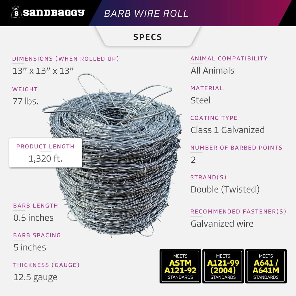 12.5 Gauge High Tensile Barb Wire Roll (1320 ft) - 2 Point Barb – Sandbaggy