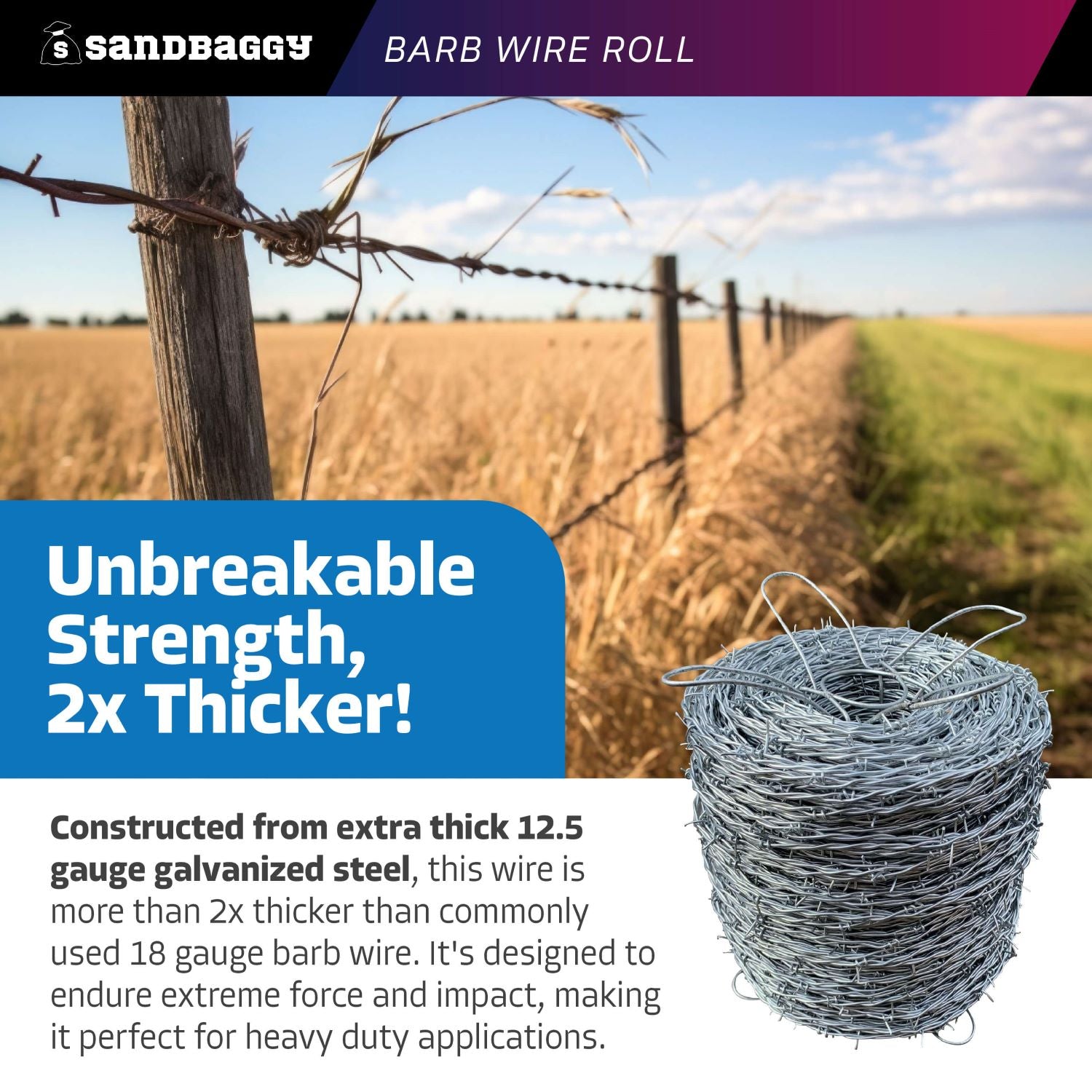 Barbed Wire Thread 12.5 Gauge High Tensile Barb Wire Roll (1320 ft) - 2 Point Barb – Sandbaggy