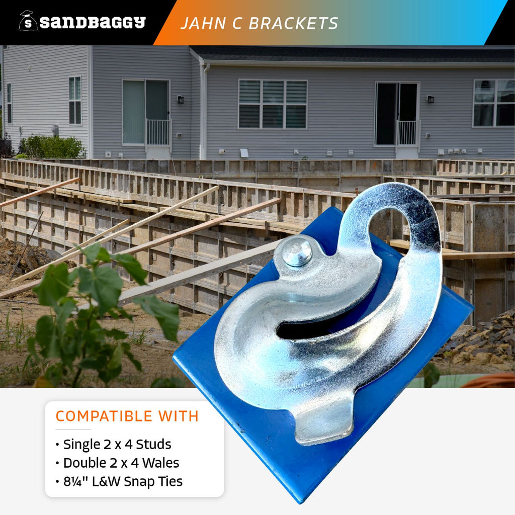 jahn c bracket compatible with single 2x4 studs, double 2x4 wales, and 8.25" snap ties