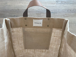 burlap tote with interior pocket for phones and accessories