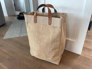 13" wide all natural jute tote with leather handles