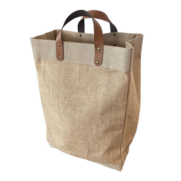 large burlap tote bag with leather handles